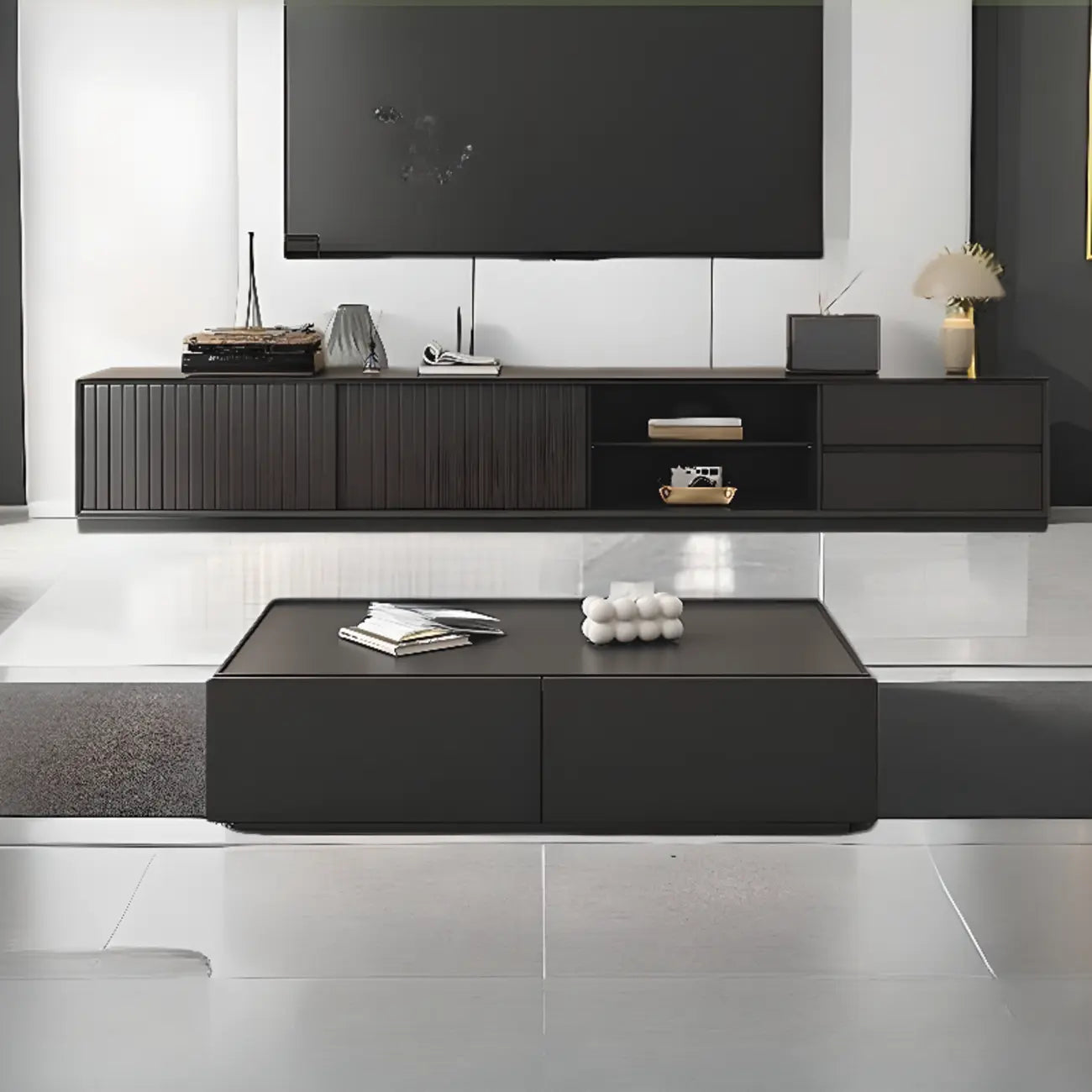 Meuble TV en bois noir de 79 pouces avec rangement ouvert et portes coulissantes