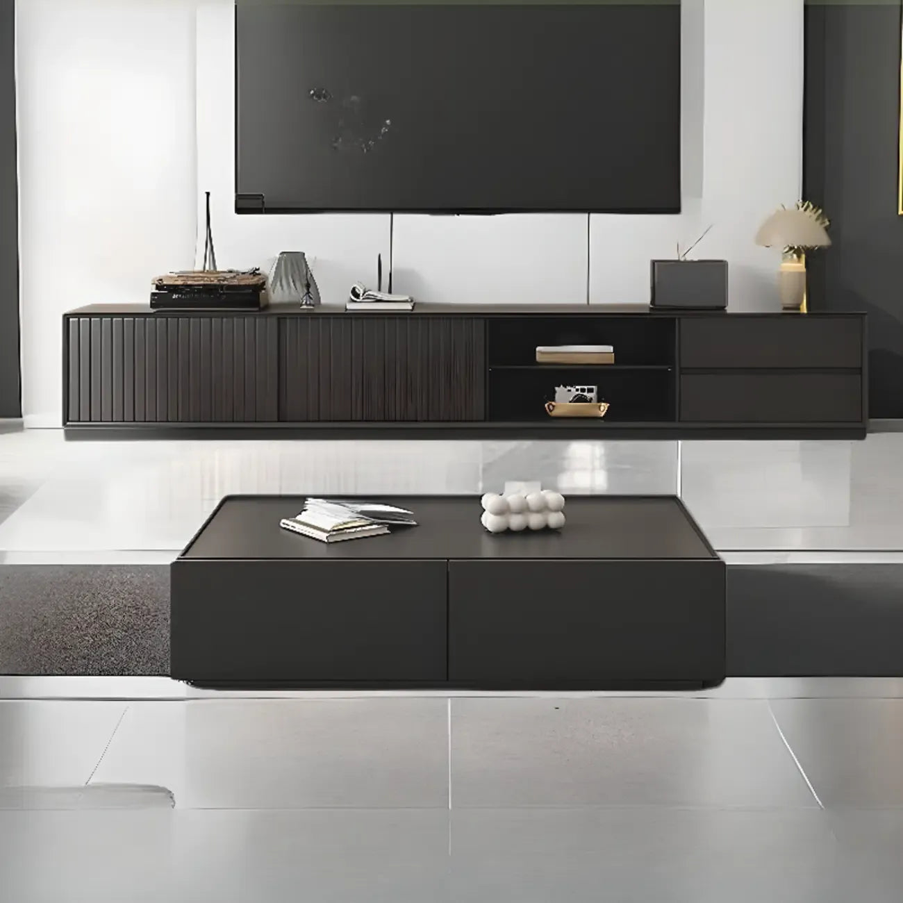 Meuble TV en bois noir de 79 pouces avec rangement ouvert et portes coulissantes