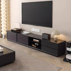 Meuble TV en bois noir de 79 pouces avec rangement ouvert et portes coulissantes