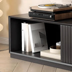 Meuble TV en bois noir de 79 pouces avec rangement ouvert et portes coulissantes