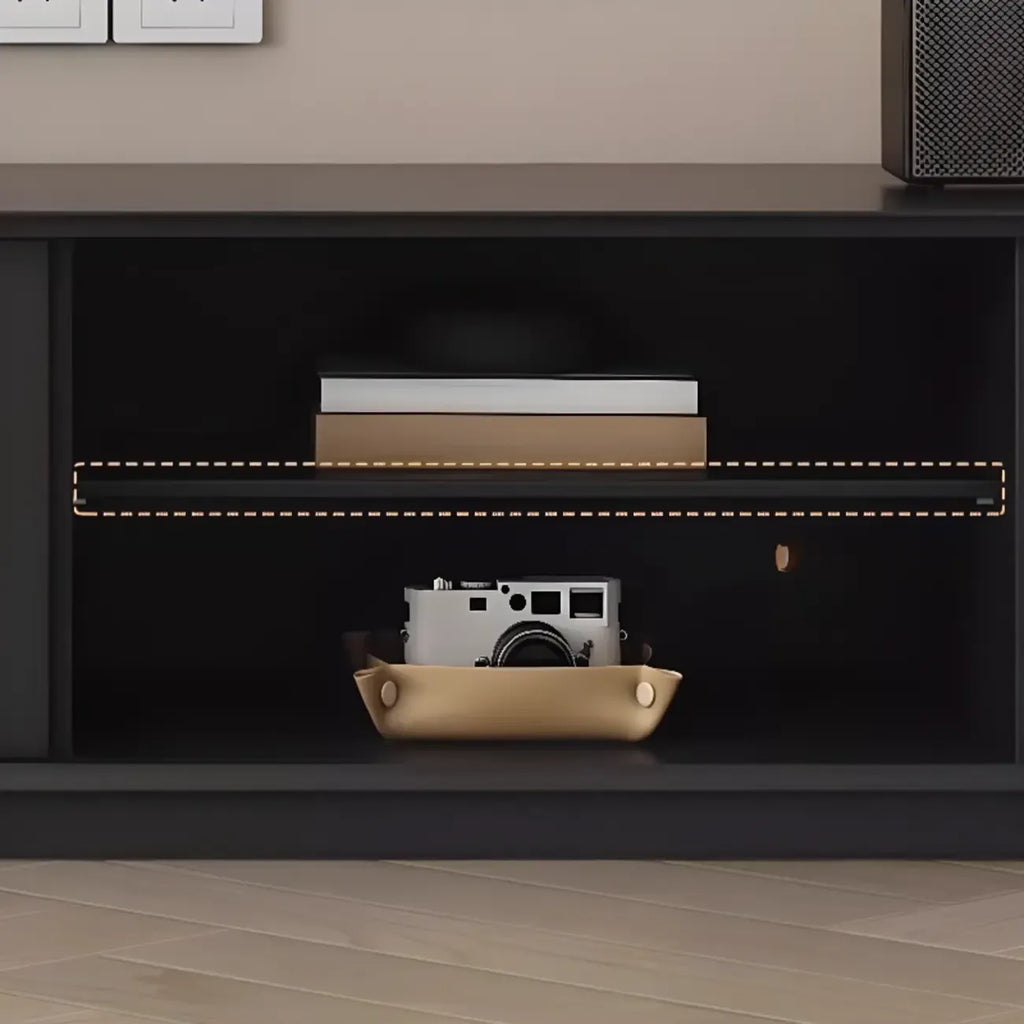 Meuble TV en bois noir de 79 pouces avec rangement ouvert et portes coulissantes