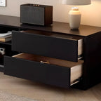 Meuble TV en bois noir de 79 pouces avec rangement ouvert et portes coulissantes