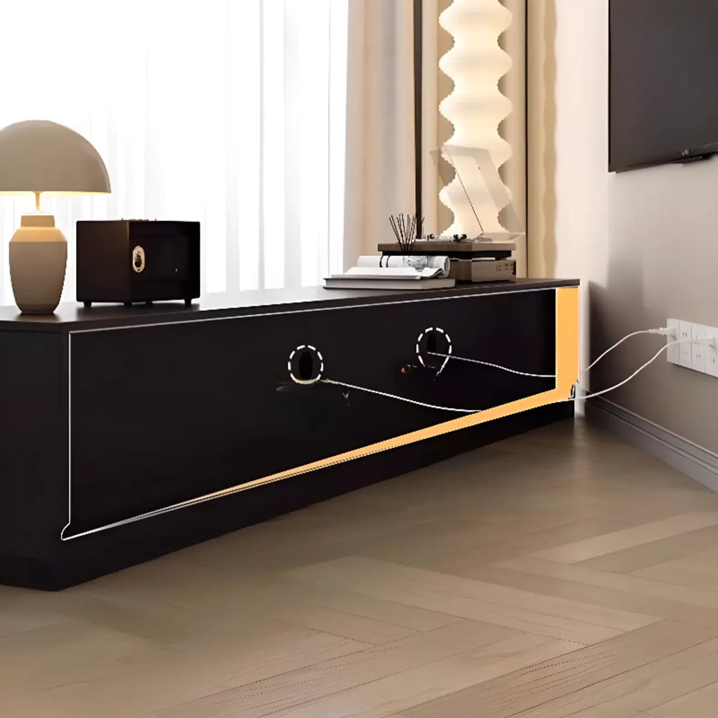 Meuble TV en bois noir de 79 pouces avec rangement ouvert et portes coulissantes