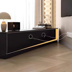 Meuble TV en bois noir de 79 pouces avec rangement ouvert et portes coulissantes