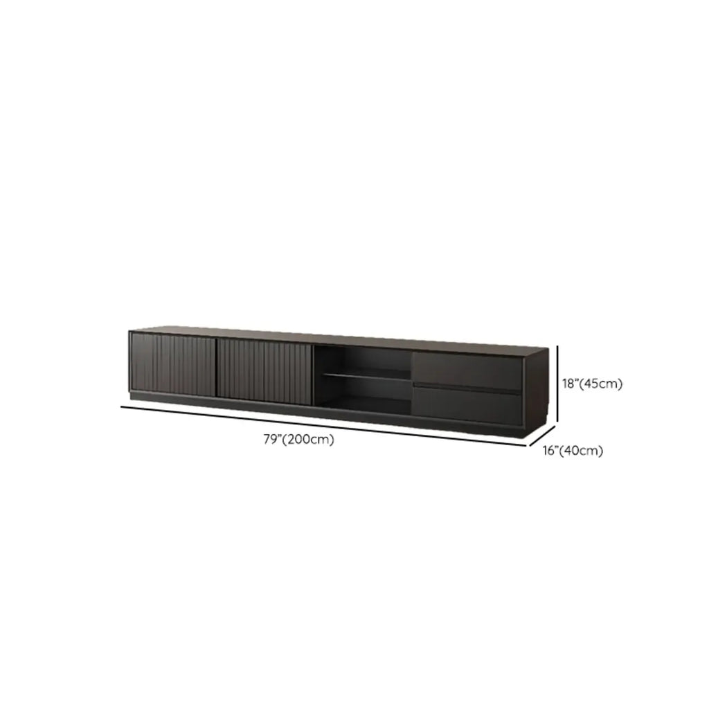 Meuble TV en bois noir de 79 pouces avec rangement ouvert et portes coulissantes