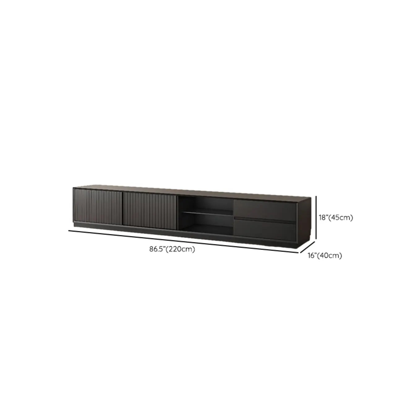 Meuble TV en bois noir de 79 pouces avec rangement ouvert et portes coulissantes