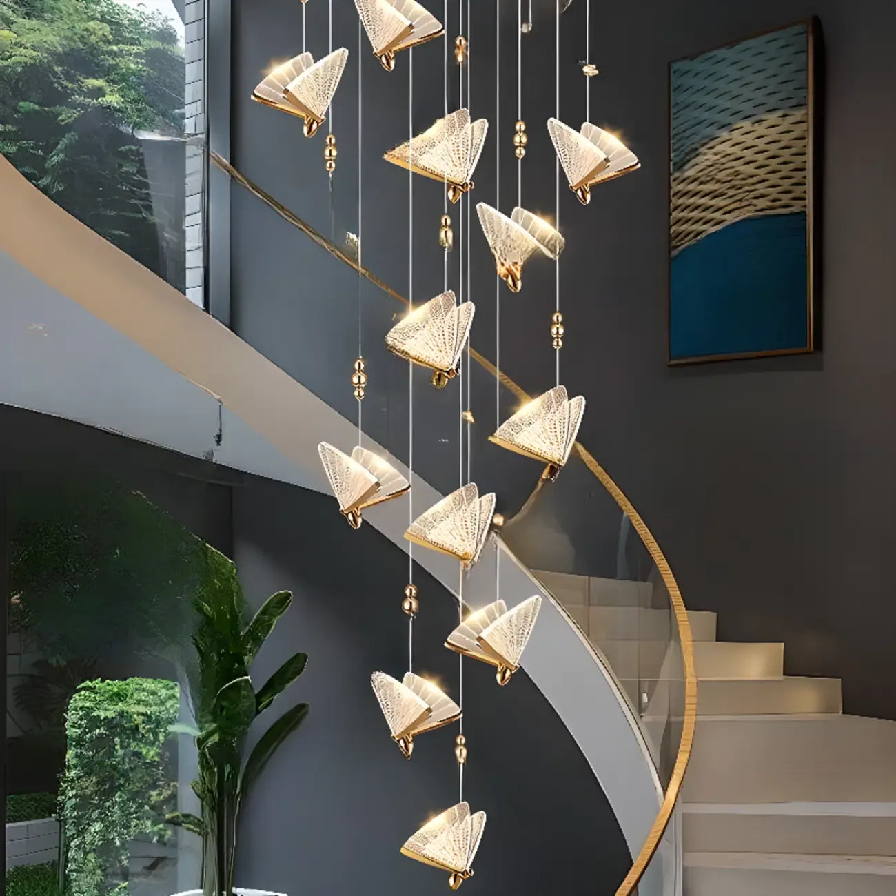 Lustre moderne en cristal à motif papillon linéaire avec télécommande