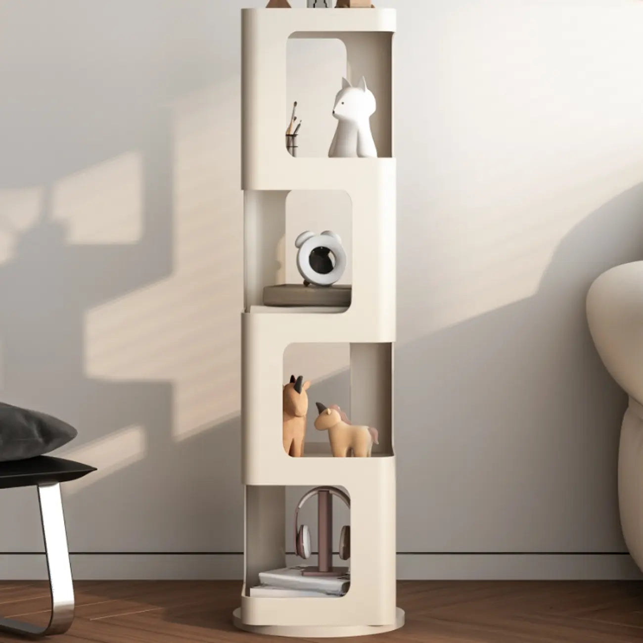 Bibliothèque verticale chic à 4 niveaux en métal avec dos ouvert et pivotant