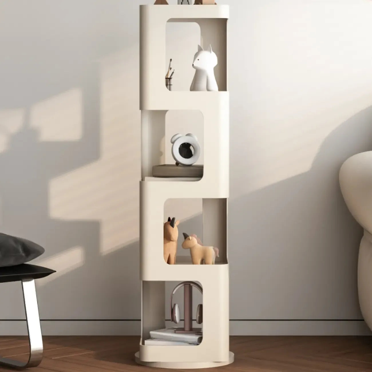 Bibliothèque verticale chic à 4 niveaux en métal avec dos ouvert et pivotant
