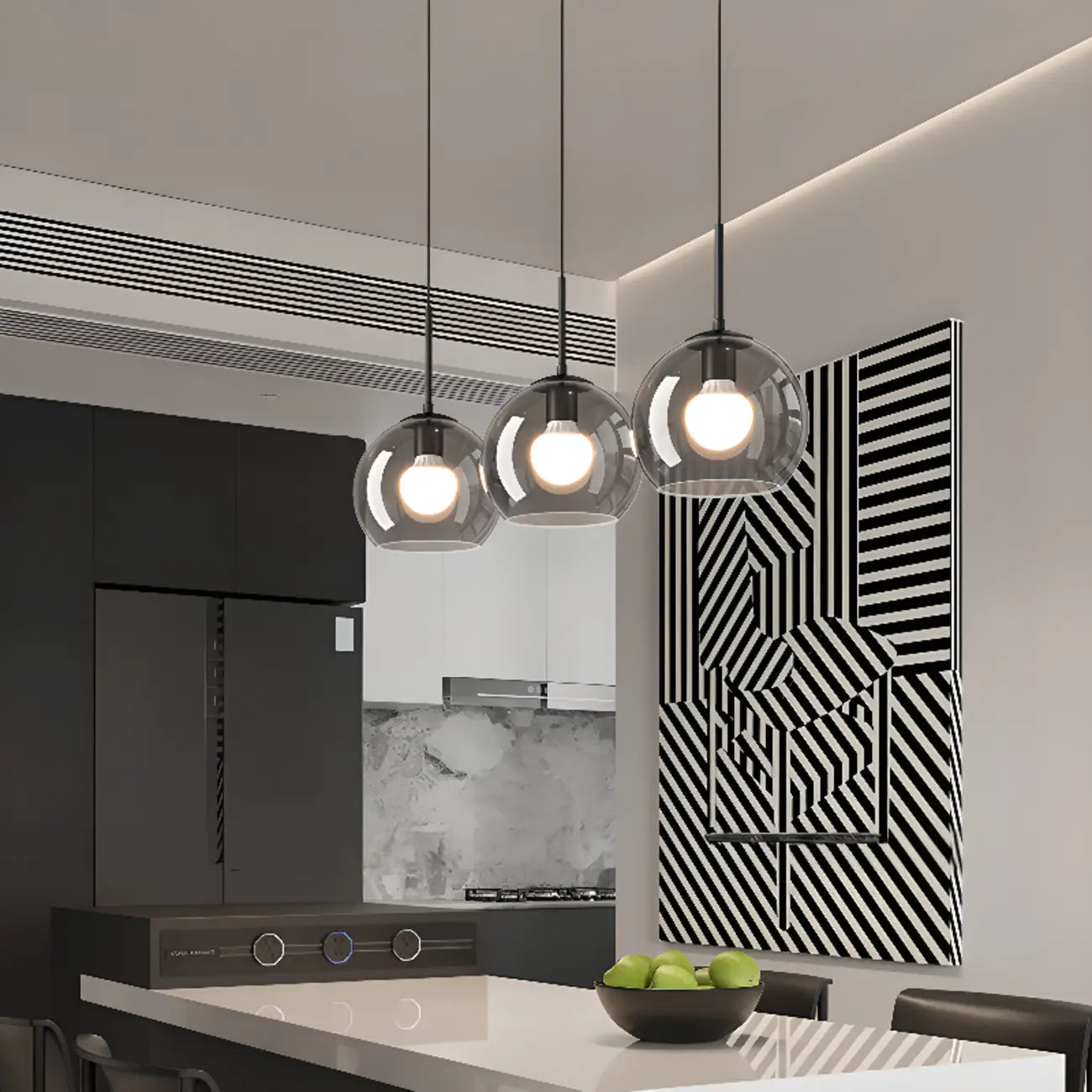 Suspension de cuisine moderne en verre à 3 lumières, hauteur réglable
