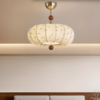 Suspension moderne en tissu blanc cassé avec 5 ampoules et LED