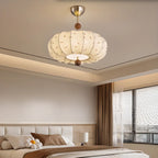 Suspension moderne en tissu blanc cassé avec 5 ampoules et LED