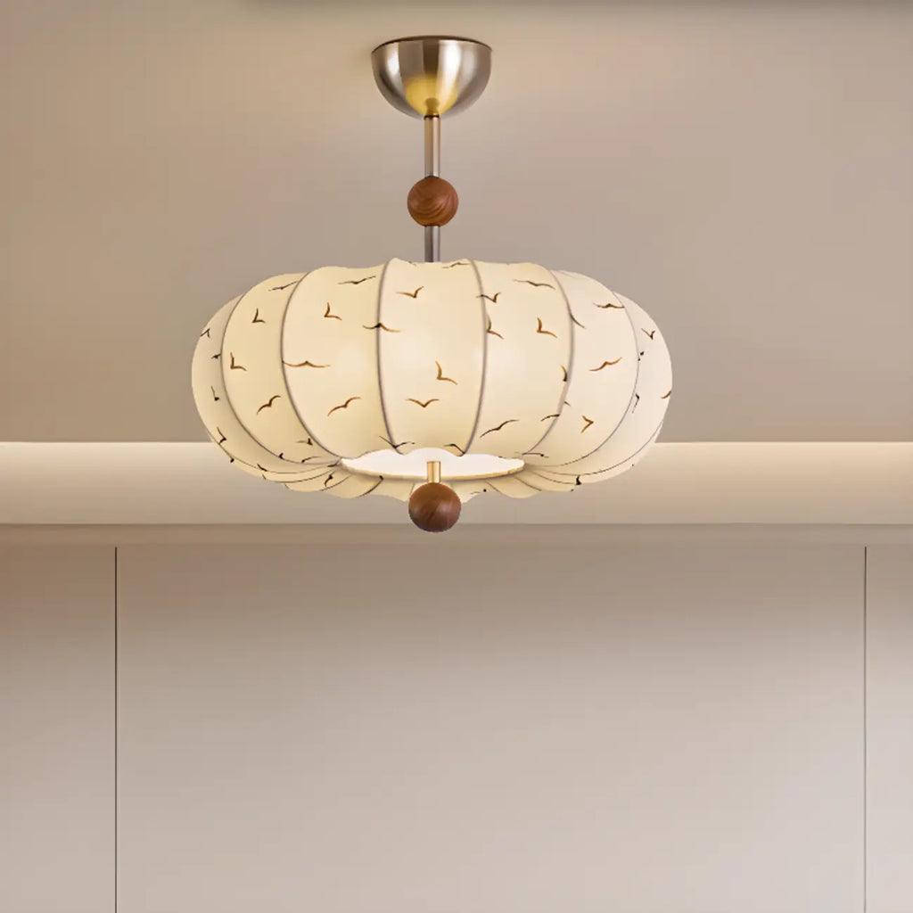 Suspension moderne en tissu blanc cassé avec 5 ampoules et LED