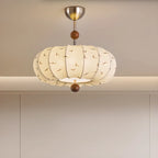 Suspension moderne en tissu blanc cassé avec 5 ampoules et LED