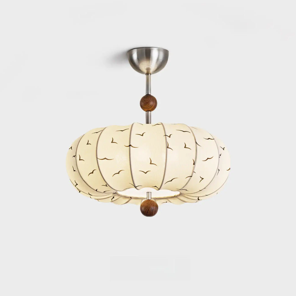 Suspension moderne en tissu blanc cassé avec 5 ampoules et LED