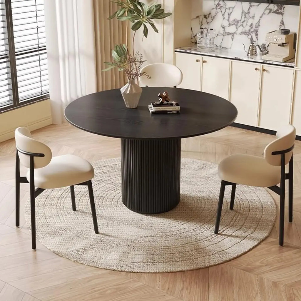 Table de salle à manger moderne ronde en bois noir avec piètement cylindrique