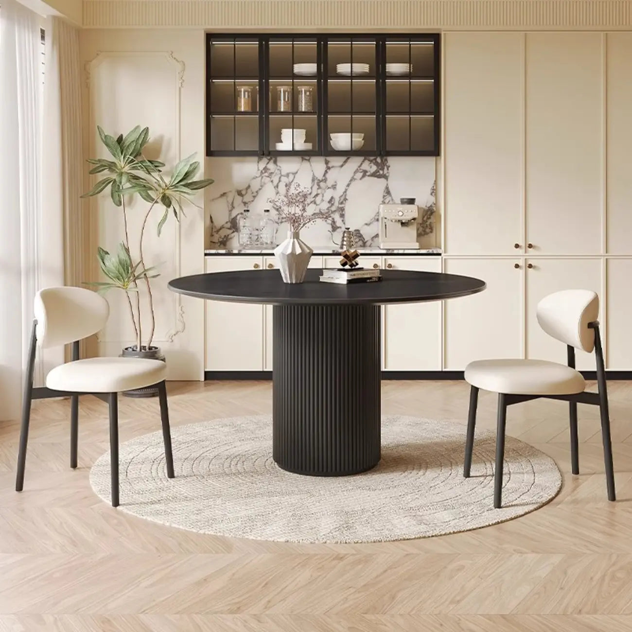 Table de salle à manger moderne ronde en bois noir avec piètement cylindrique