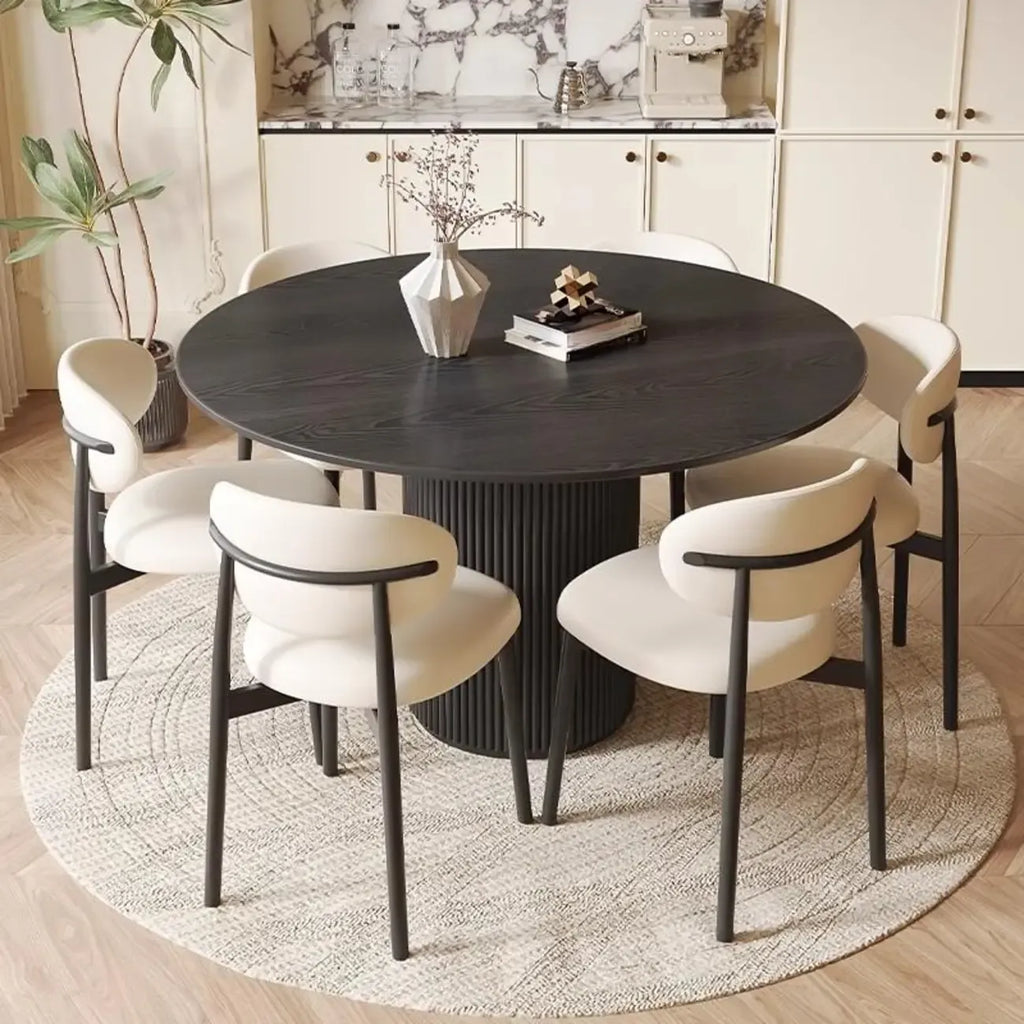 Table de salle à manger moderne ronde en bois noir avec piètement cylindrique