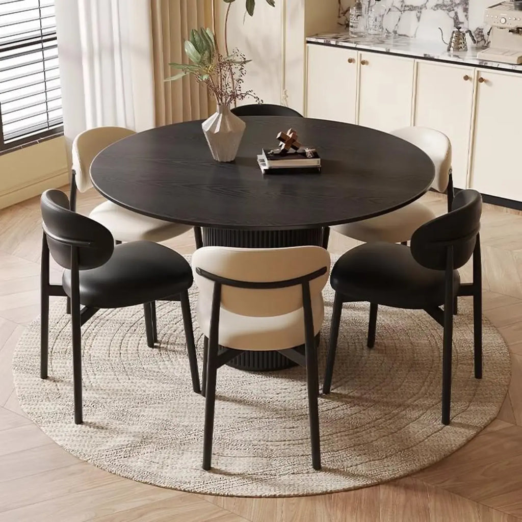 Table de salle à manger moderne ronde en bois noir avec piètement cylindrique