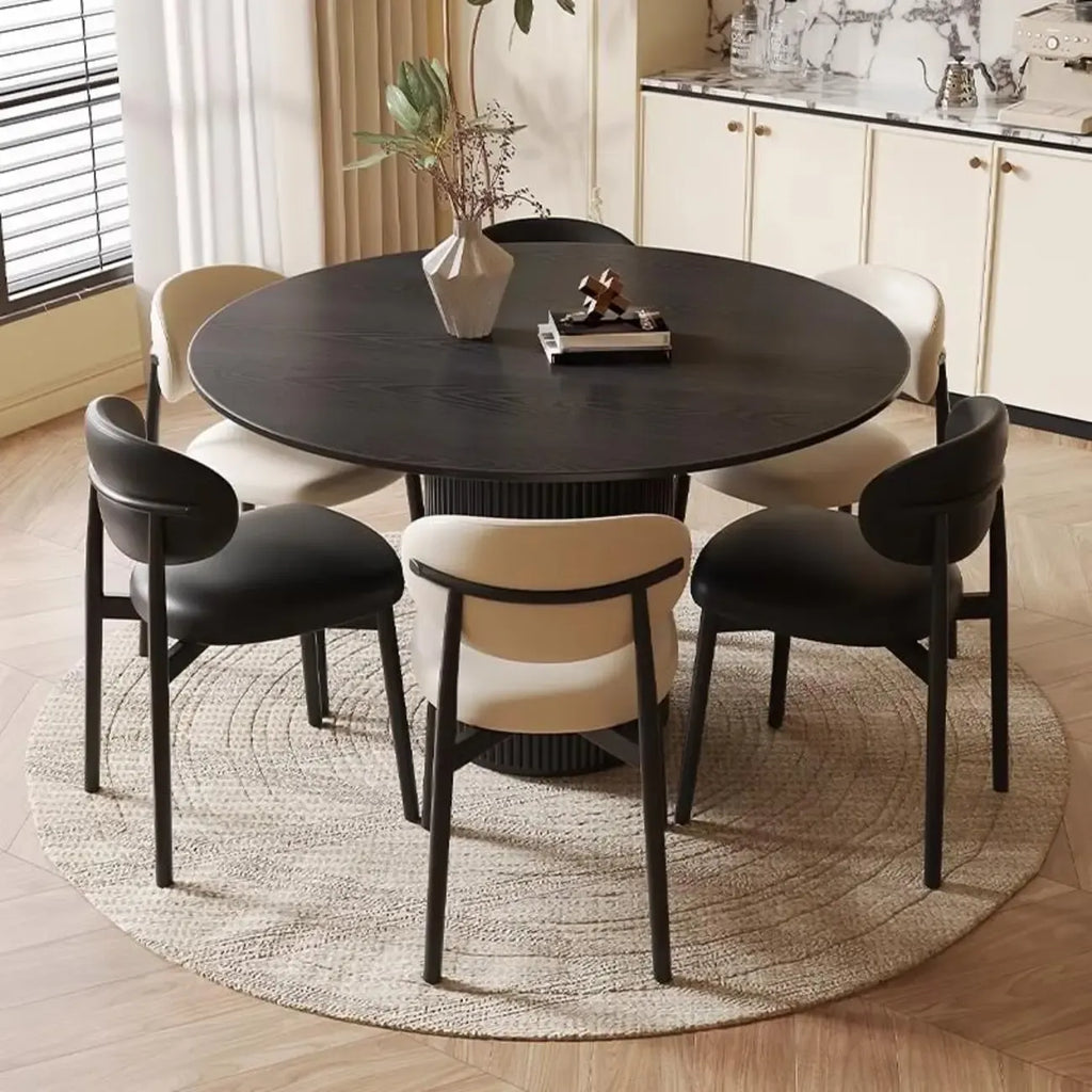 Table de salle à manger moderne ronde en bois noir avec piètement cylindrique