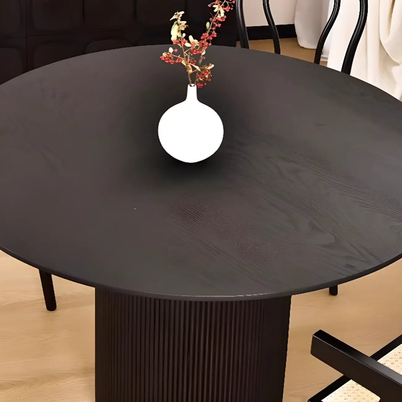 Table de salle à manger moderne ronde en bois noir avec piètement cylindrique
