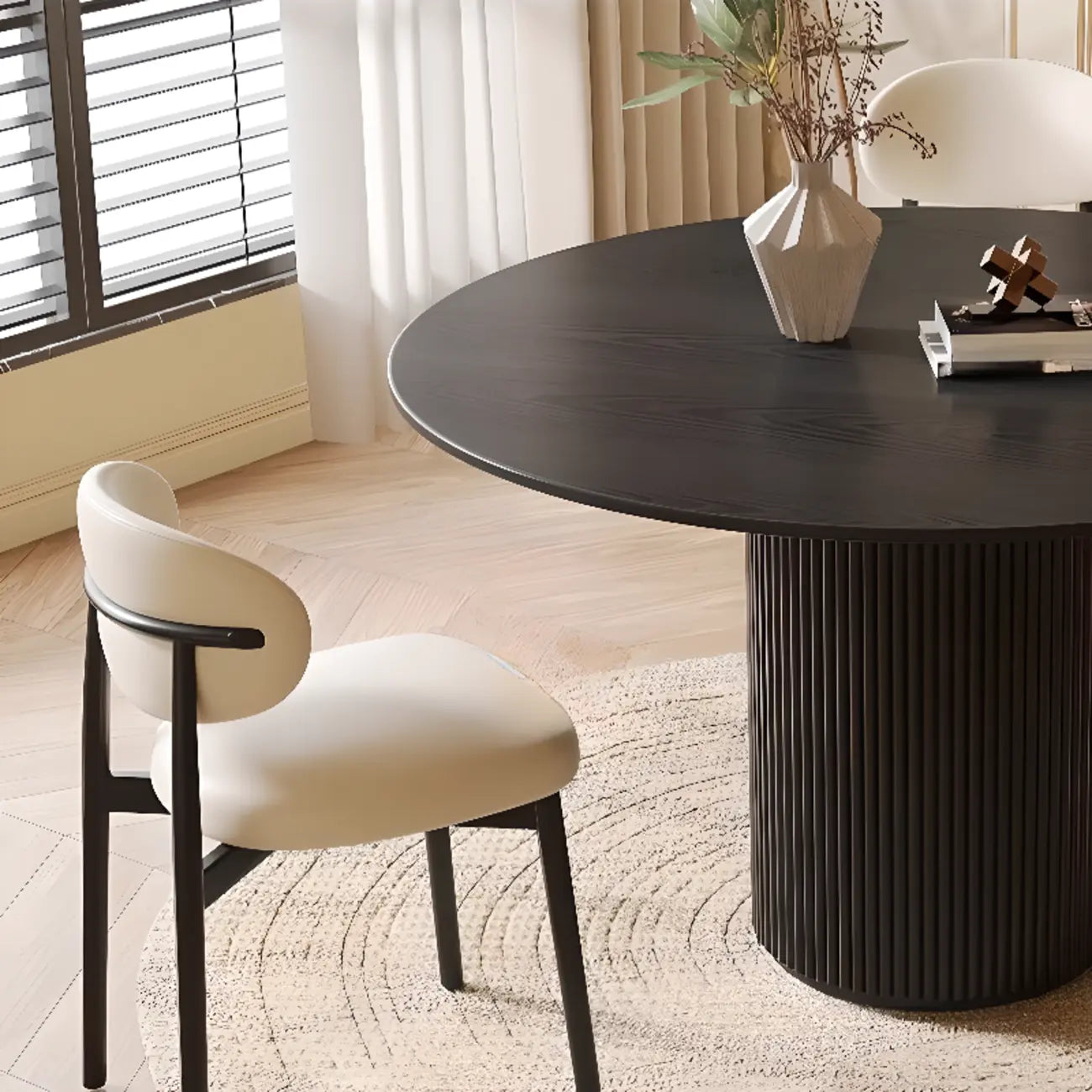 Table de salle à manger moderne ronde en bois noir avec piètement cylindrique