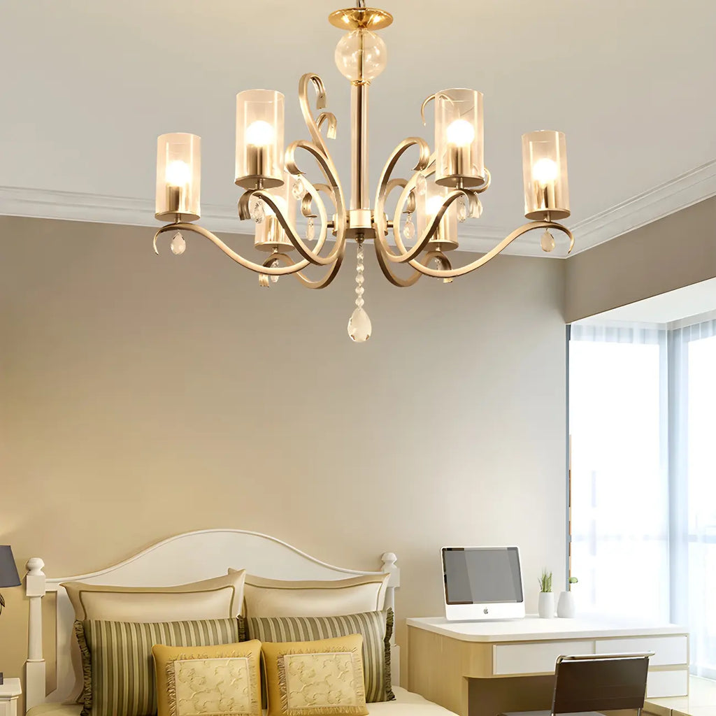 Lustre cylindrique en verre champagne avec pendentif en cristal