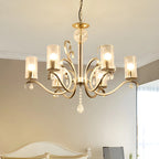 Lustre cylindrique en verre champagne avec pendentif en cristal