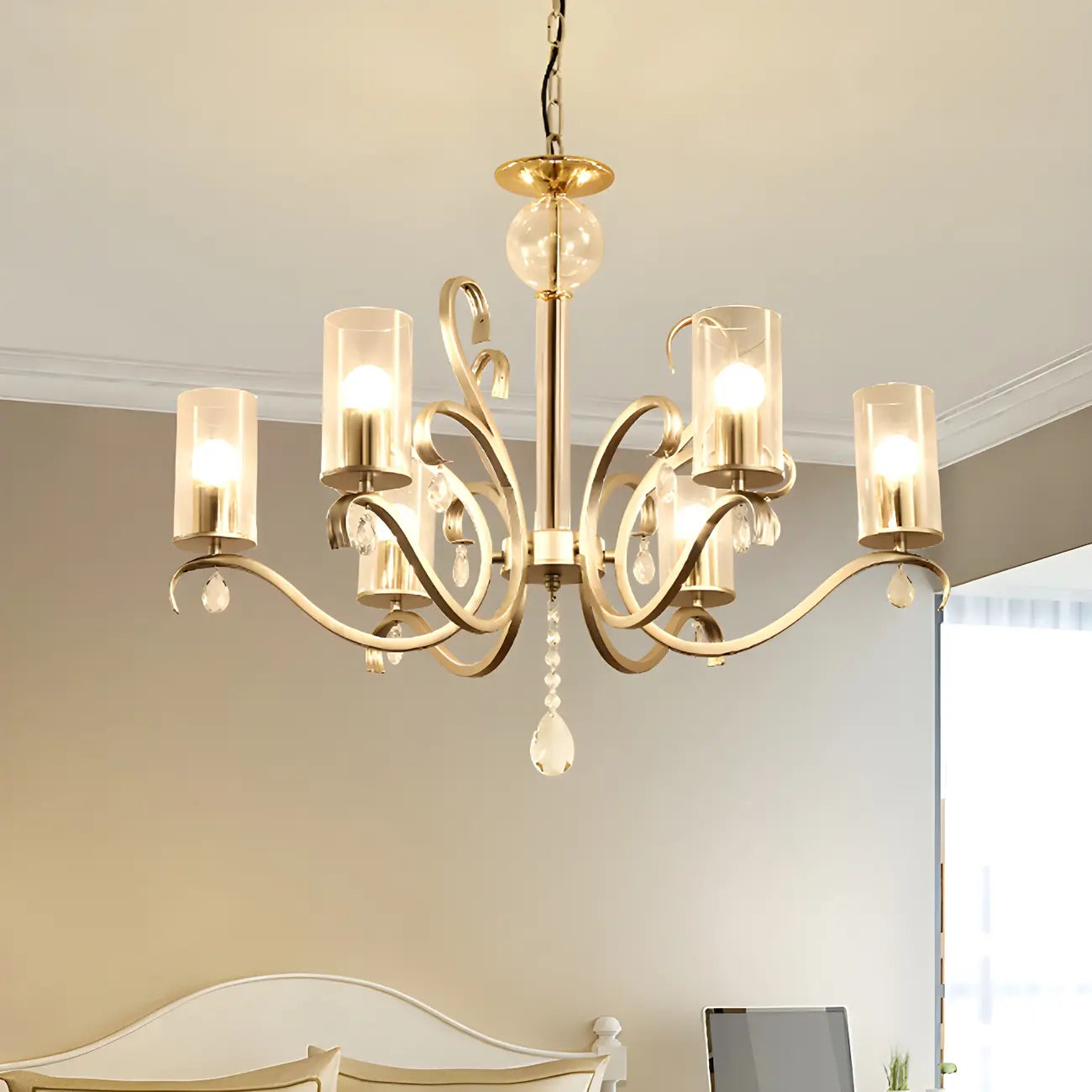 Lustre cylindrique en verre champagne avec pendentif en cristal