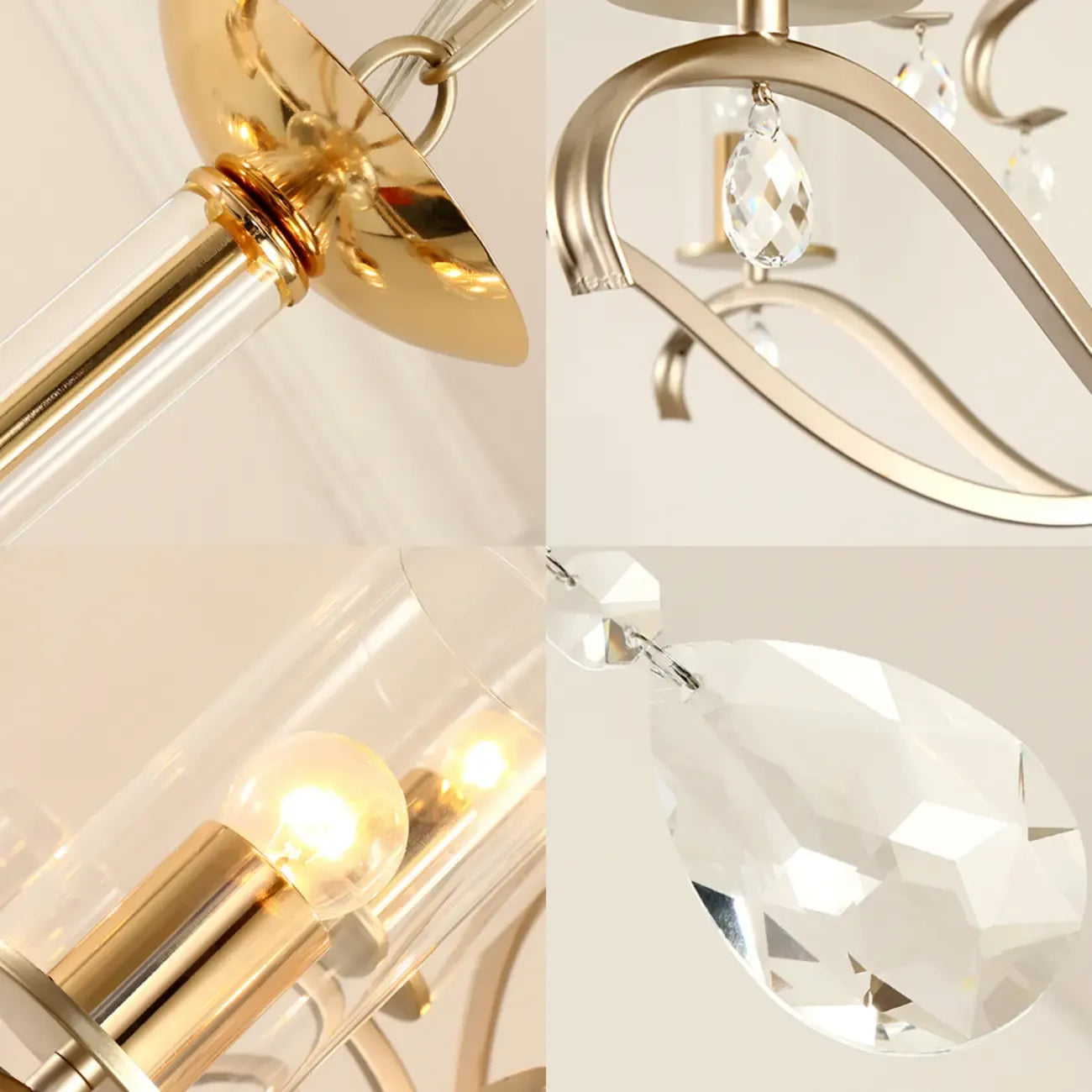 Lustre cylindrique en verre champagne avec pendentif en cristal