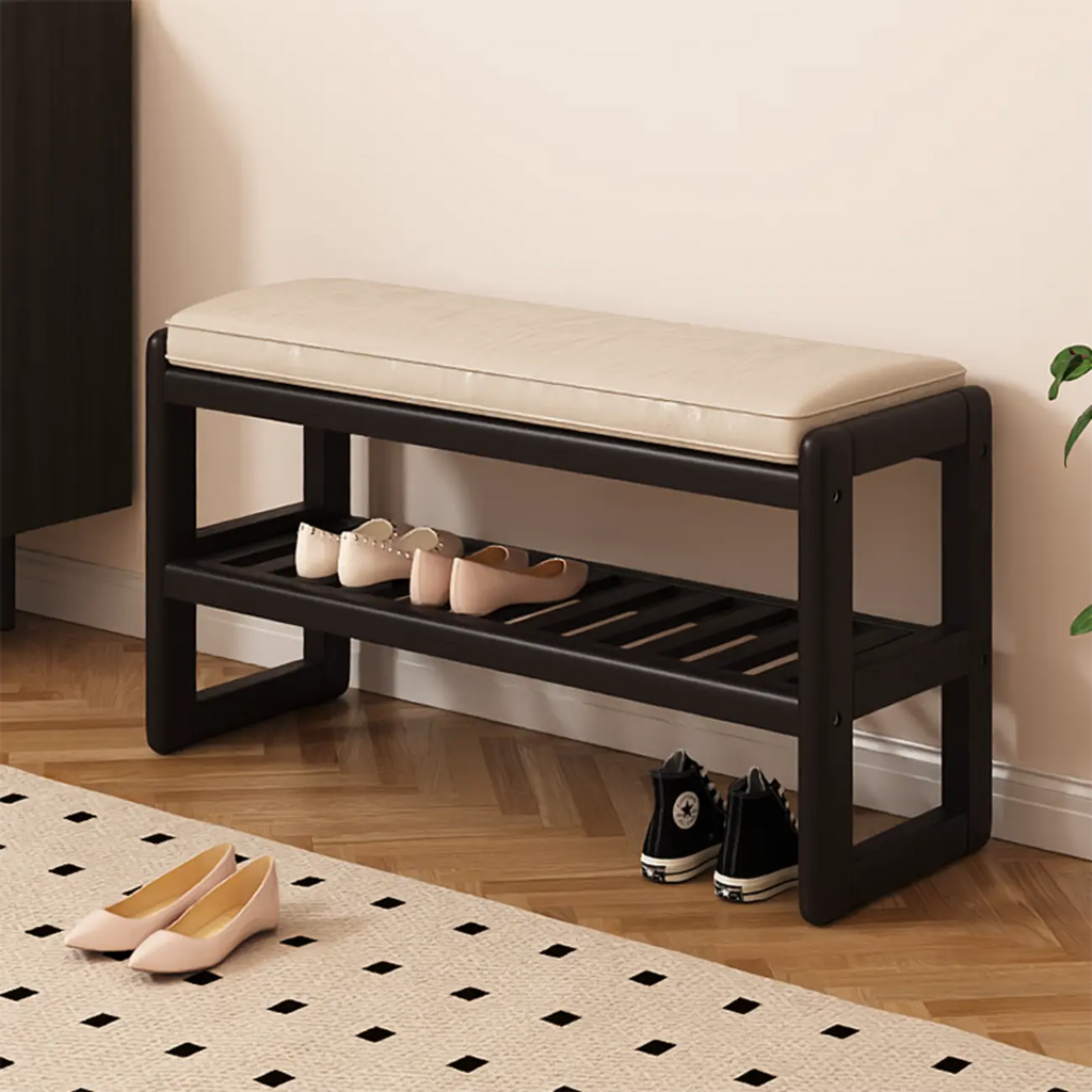 Banc d'entrée en bois massif recouvert de tissu noir avec rangement