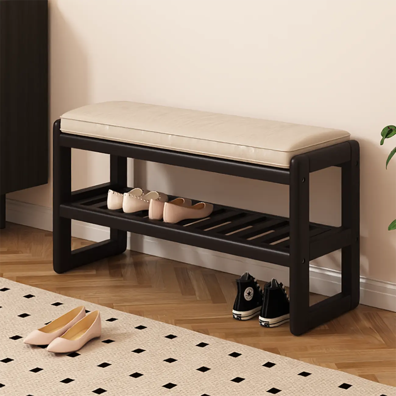 Banc d'entrée en bois massif recouvert de tissu noir avec rangement