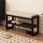 Banc d'entrée en bois massif recouvert de tissu noir avec rangement