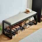 Banc d'entrée en bois massif recouvert de tissu noir avec rangement
