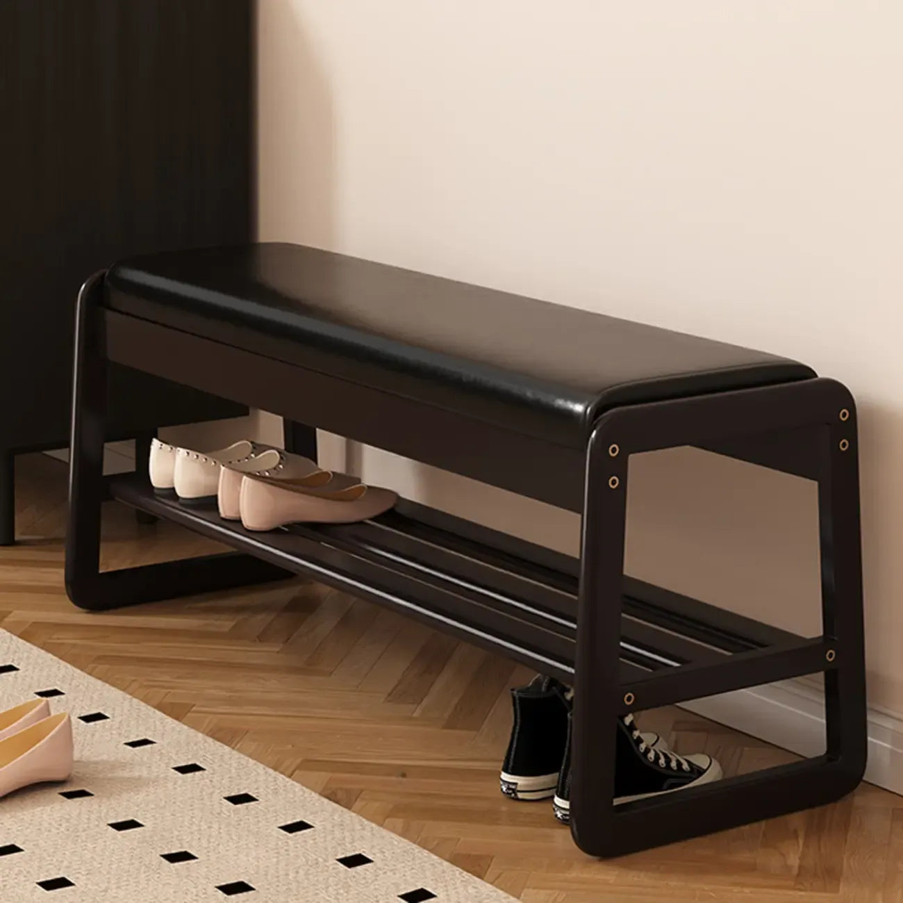 Banc d'entrée en bois massif recouvert de tissu noir avec rangement