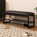 Banc d'entrée en bois massif recouvert de tissu noir avec rangement