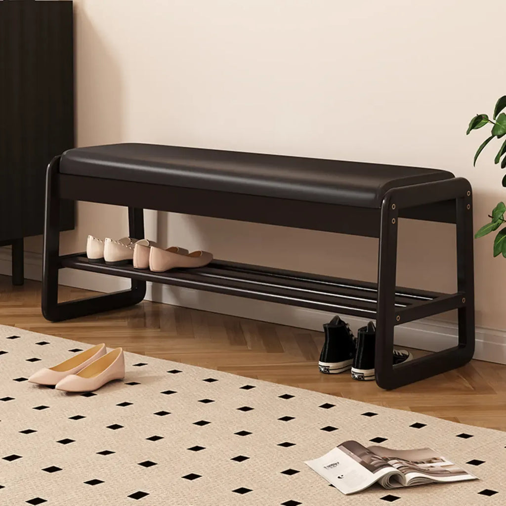 Banc d'entrée en bois massif recouvert de tissu noir avec rangement