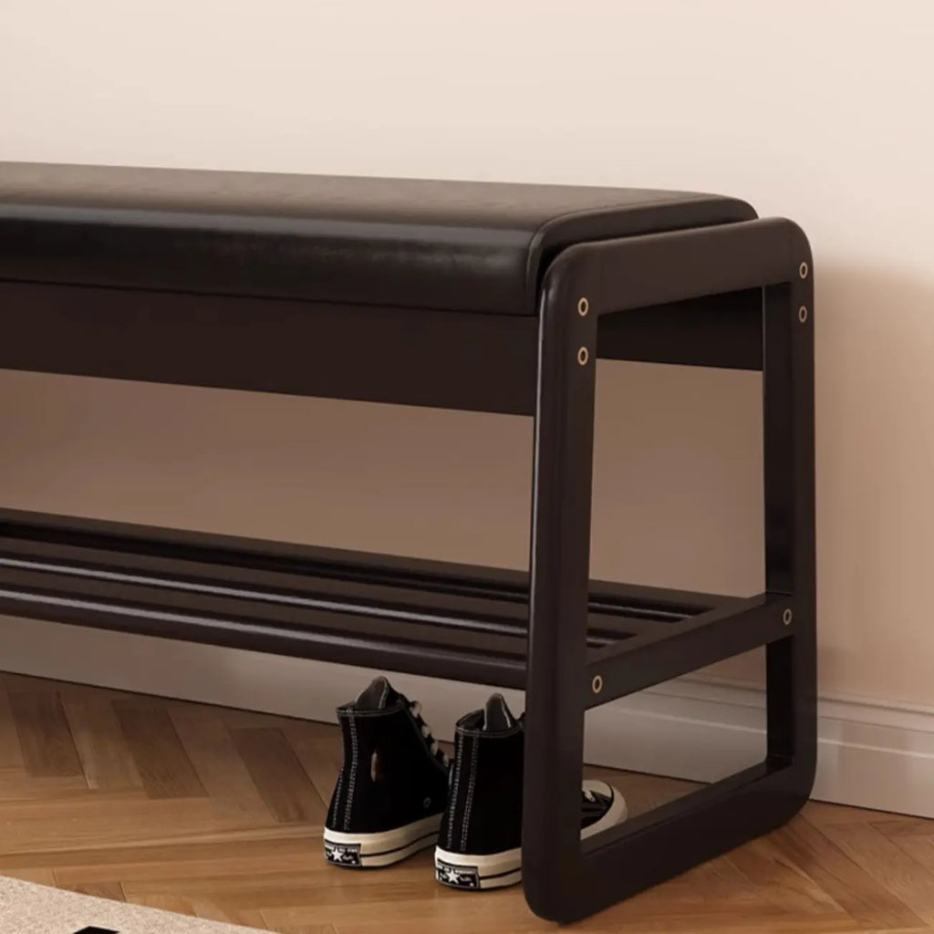 Banc d'entrée en bois massif recouvert de tissu noir avec rangement