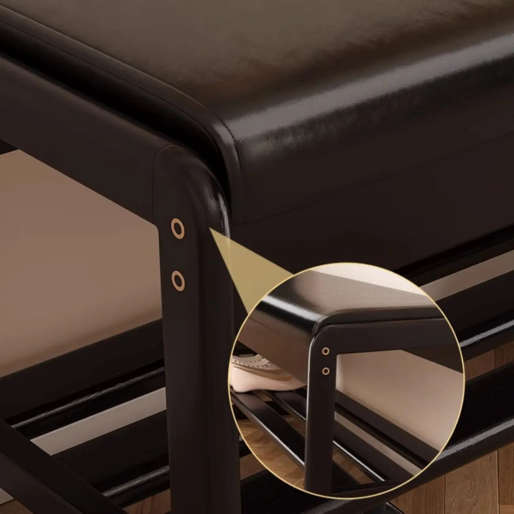 Banc d'entrée en bois massif recouvert de tissu noir avec rangement