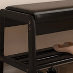 Banc d'entrée en bois massif recouvert de tissu noir avec rangement