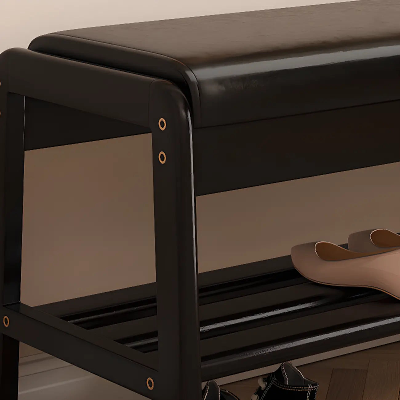 Banc d'entrée en bois massif recouvert de tissu noir avec rangement