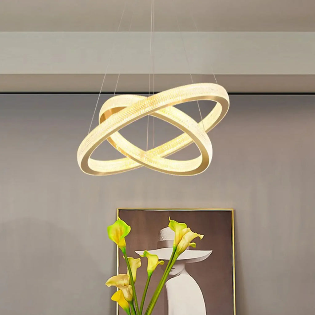 Lustre glamour doré à double anneau en cristal et LED LED
