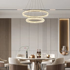 Lustre de luxe à anneaux dorés étagés en cristal et LED