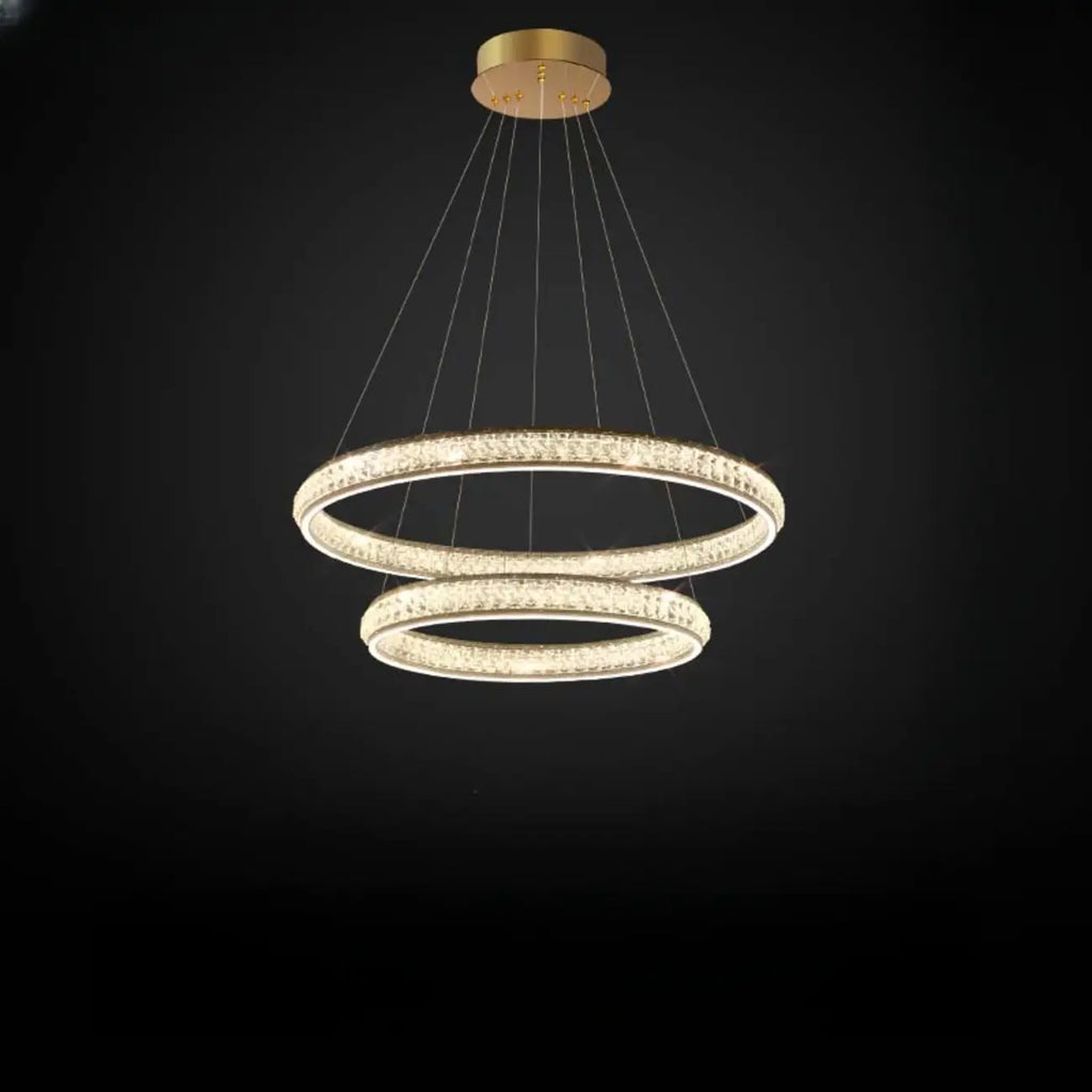 Lustre de luxe à anneaux dorés étagés en cristal et LED