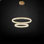 Lustre de luxe à anneaux dorés étagés en cristal et LED