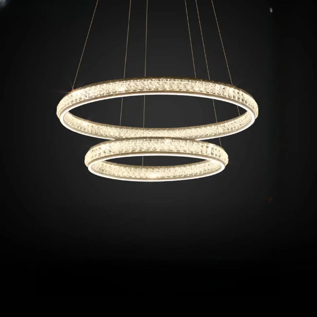 Lustre de luxe à anneaux dorés étagés en cristal et LED