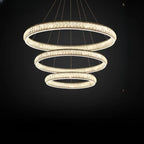 Lustre de luxe à anneaux dorés étagés en cristal et LED