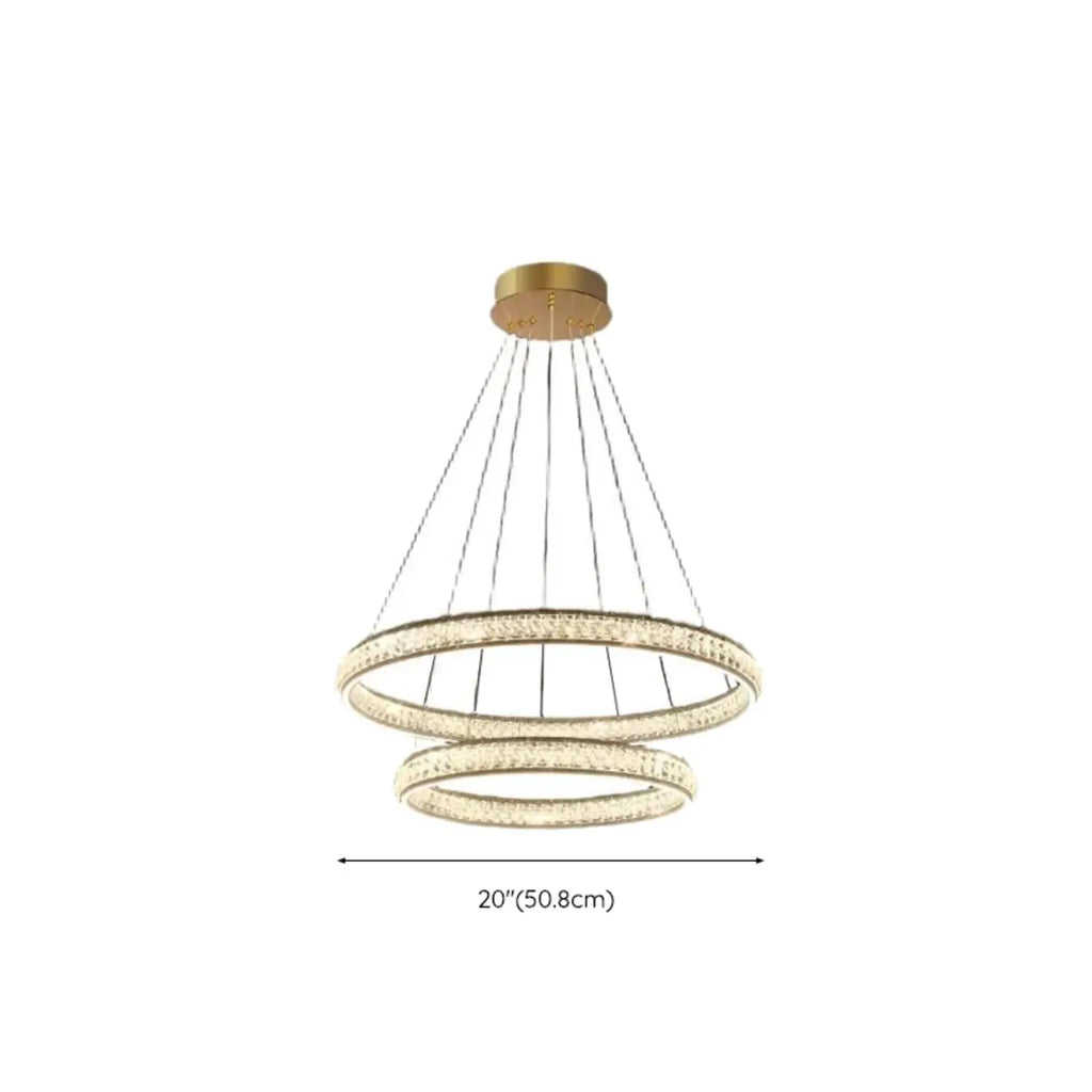 Lustre de luxe à anneaux dorés étagés en cristal et LED