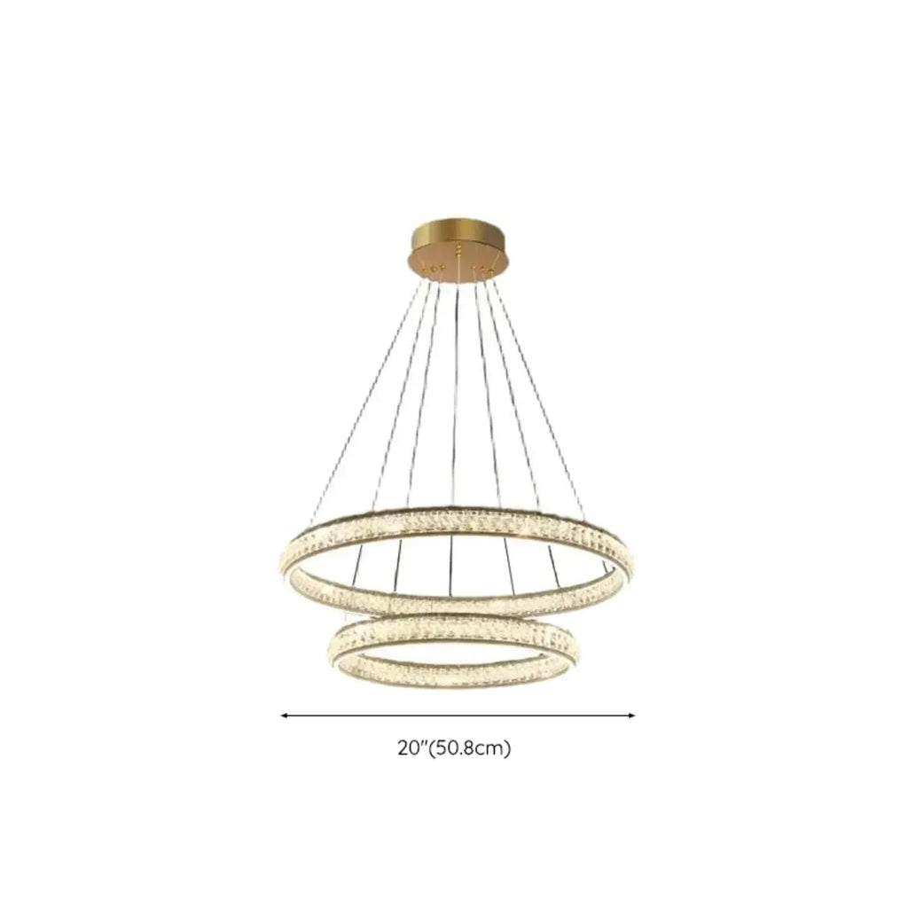 Lustre de luxe à anneaux dorés étagés en cristal et LED