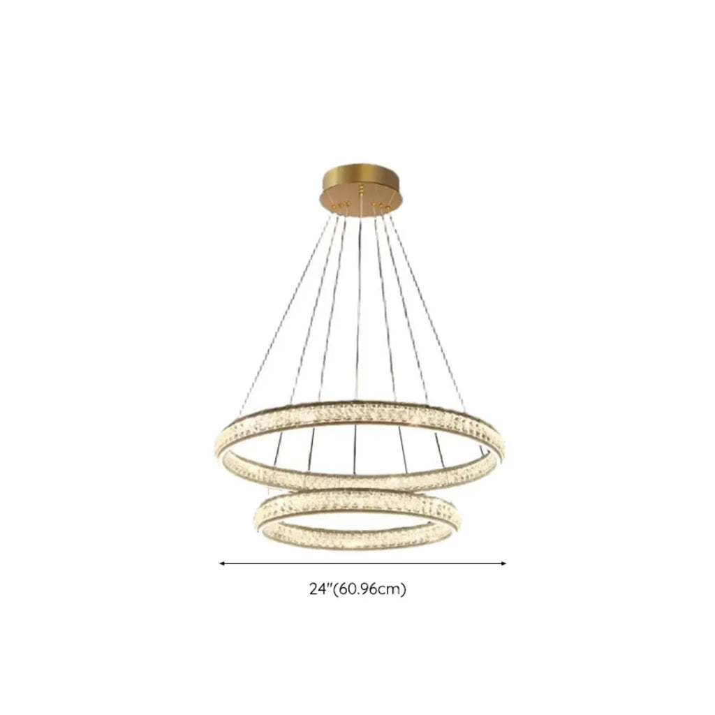 Lustre de luxe à anneaux dorés étagés en cristal et LED